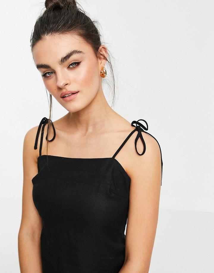Asos Design Linen Square Neck Cami With Tie Back Detail In Black