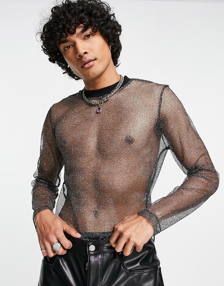 Asos Design Long Sleeve T-shirt In Glitter Mesh-black