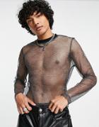 Asos Design Long Sleeve T-shirt In Glitter Mesh-black