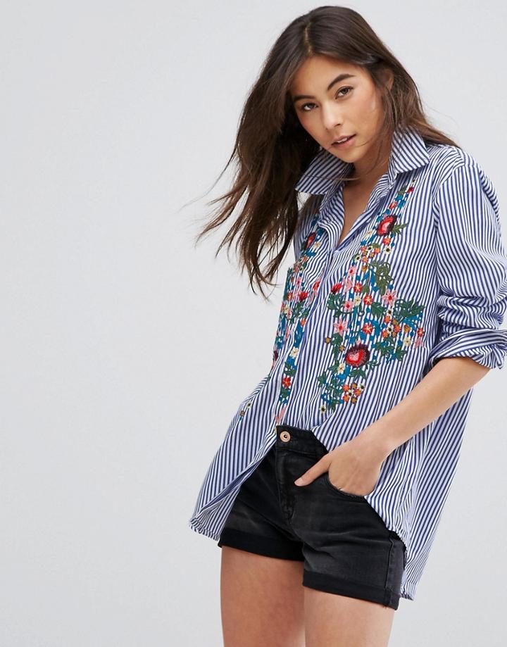 Parisian Floral Embroidered Shirt - Blue