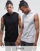 Asos Muscle Sleeveless T-shirt With Hood 2 Pack Save 17%