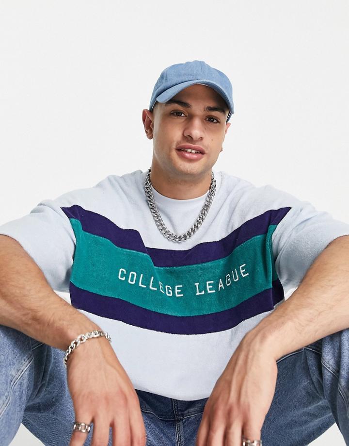 Asos Design Oversized T-shirt In Blue Towelling With Text Embroidery-blues