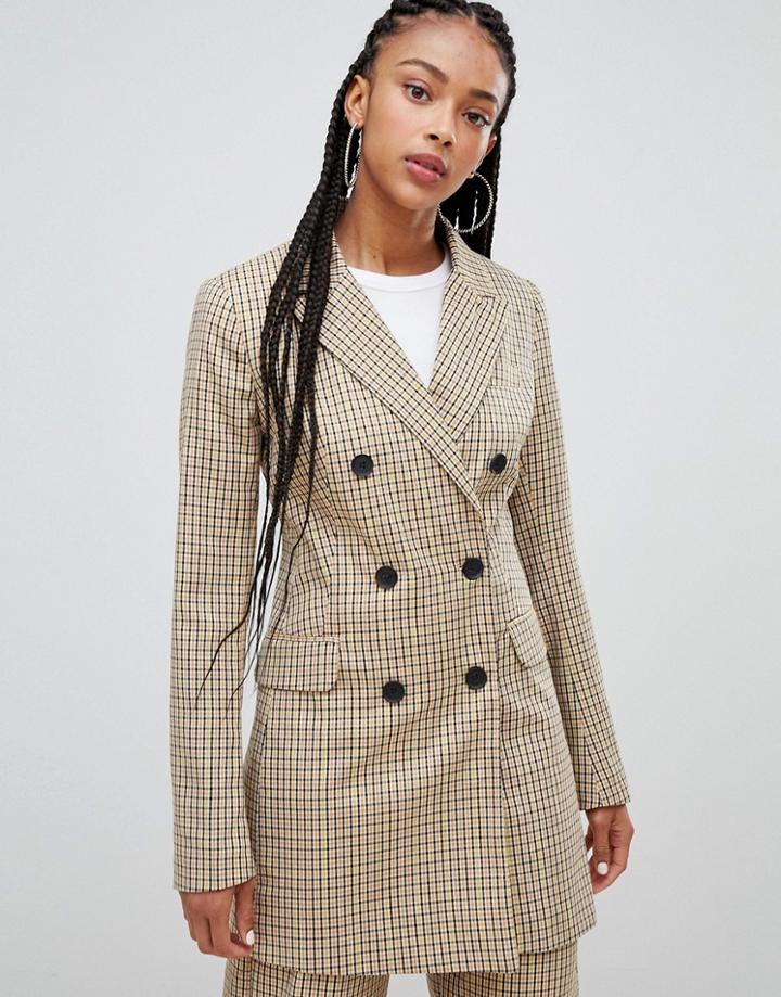Bershka Check Car Coat - Yellow