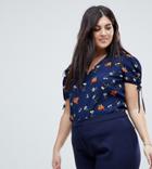 Fashion Union Plus Floral Print Blouse With Ribbon Ties - Navy