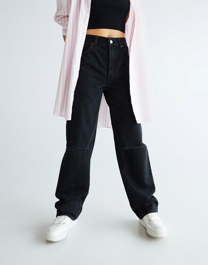 Bershka Dad Jeans With Rip Detail In Black
