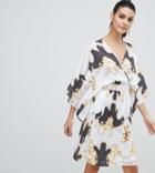 Flounce London Wrap Front Satin Midi Dress With Kimono Sleeve In Print - Multi