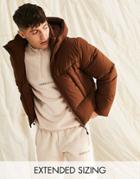 Asos Design Puffer Jacket With Hood In Brown