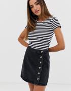 Asos Design Denim Wrap Skirt With Side Buttons In Black - Black