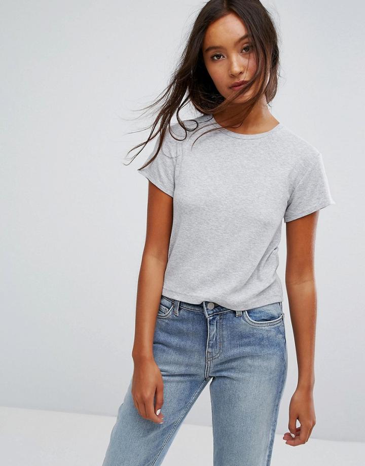 Weekday Crop Fine Rib T-shirt - Gray