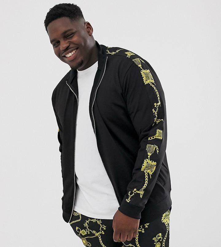Asos Design Plus Two-piece Poly Tricot Track Top In Stripe & Baroque Print - Black