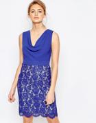 Oasis Cowl Neck Pencil Dress With Lace Skirt - Blue