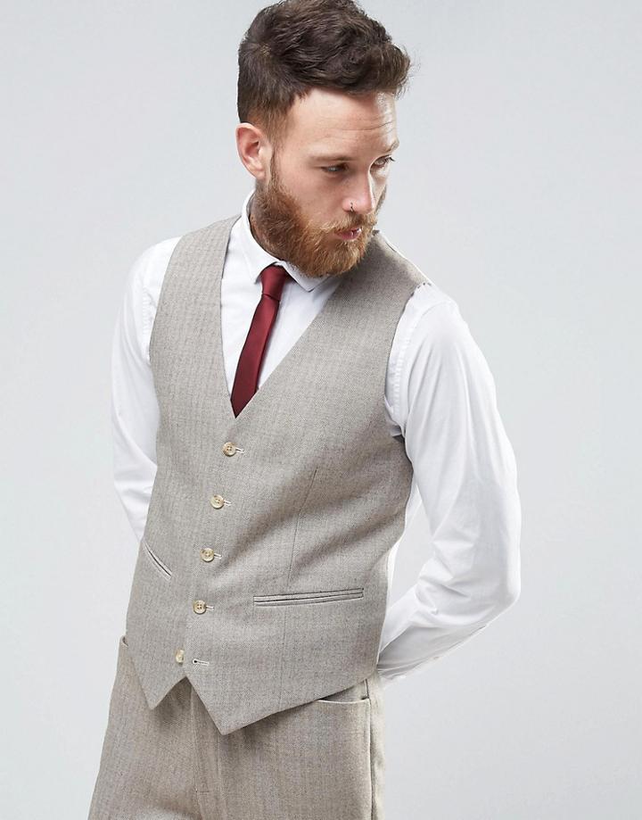 Asos Wedding Skinny Suit Vest In Herringbone In Oatmeal Wool Blend - Beige