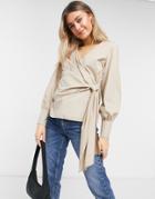 Topshop Wrap Blouse In Camel-neutral