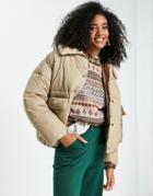 Topshop Mid Length Puffer Jacket With Sherpa Collar In Camel-neutral