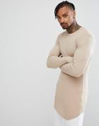 Asos Super Longline Muscle Long Sleeve Rib T-shirt With Curved Hem In Beige - Beige