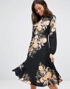 New Look High Neck Floral Bloom Midi Dress - Black