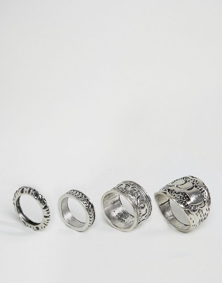 Designb Multi Pack Festival Rings With Elephant Design - Silver