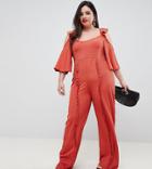 Lost Ink Plus Cold Shoulder Jumpsuit With Frill Leg Detail In Textured Fabric - Orange
