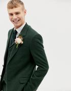Asos Design Wedding Slim Suit Jacket In Green Wool Mix Herringbone - Green