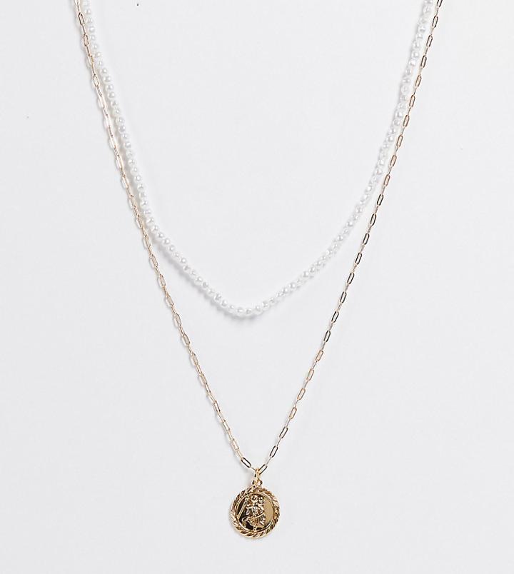 Asos Design Curve Multirow Necklace With Small Faux Pearl And Coin Pendant In Gold Tone