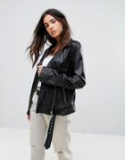 Barney's Originals Belted Leather Asymmetric Biker Jacket - Black