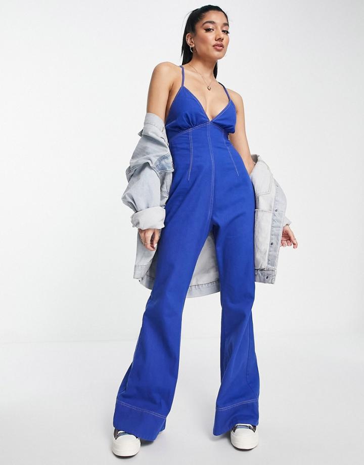 Asos Design Twill Strappy Back Wide Leg Jumpsuit In Denim Blue