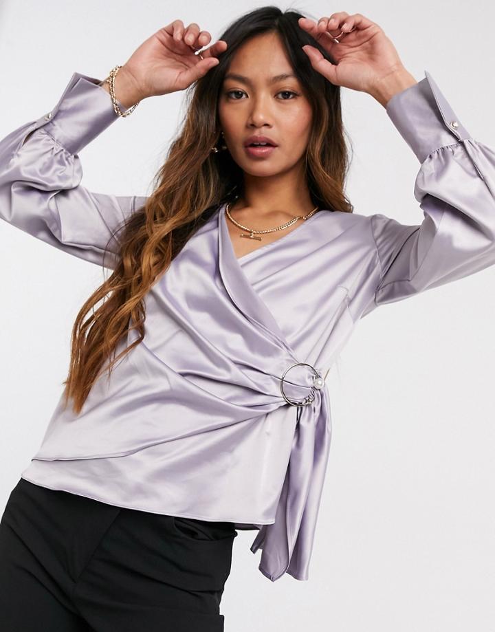 River Island Wrap Trim Drapey Blouse In Silver