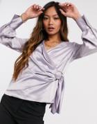 River Island Wrap Trim Drapey Blouse In Silver