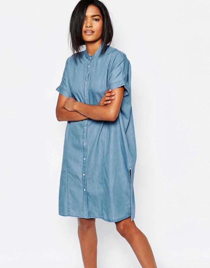 Vila Collarless Denim Shirt Dress - Medium Blue Denim