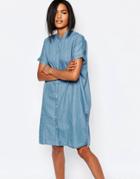Vila Collarless Denim Shirt Dress - Medium Blue Denim