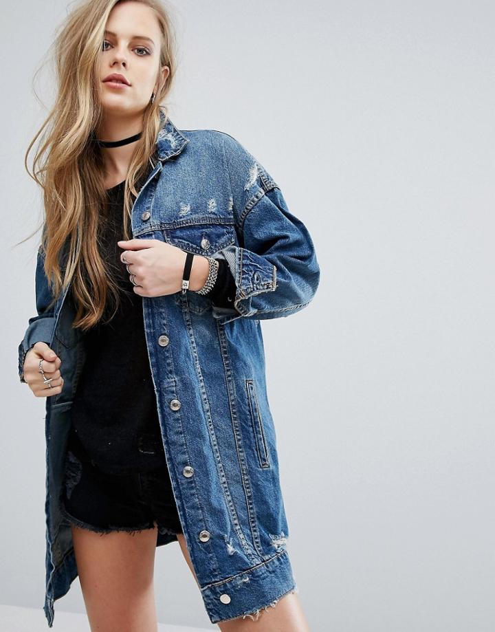 Pull & Bear Longline Denim Jacket - Blue