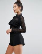 Missguided High Neck Lace Detail Ruffle Romper - Black