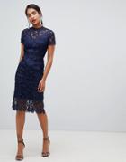 Chi Chi London High Neck Lace Pencil Dress In Navy