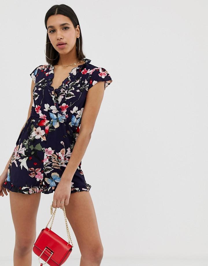 Ax Paris Floral Wrap Frill Romper-navy