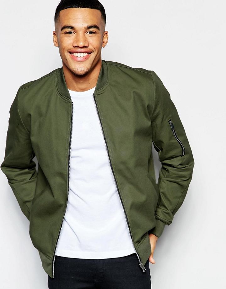 Asos Bomber Jacket With Sleeve Zip In Khaki - Khaki