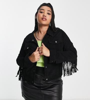 Barney's Originals Plus Real Leather Suede Fringed Western Jacket-black