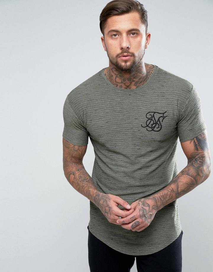 Siksilk T-shirt In Khaki Waffle Texture With Curved Hem - Green