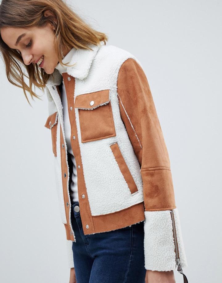 Barney's Originals Trucker Jacket In Faux Fur Suede And Faux Fur Shearling - Tan