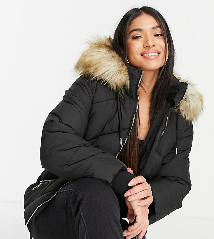 Topshop Petite Padded Jacket With Faux Fur Hood In Black