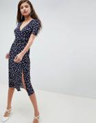 Asos Design Midi Wrap Plisse Dress In Polka Dot - Multi