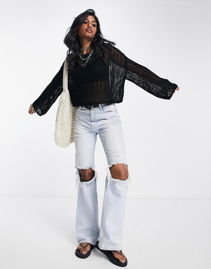 Asos Design Sweater With Open Stitch In Black