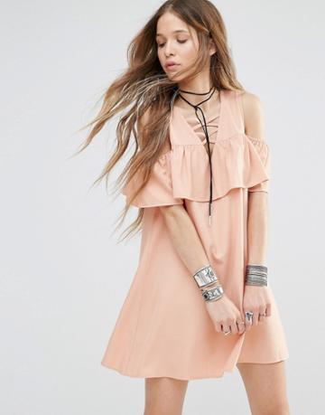 Young Bohemians Dress With Cold Shoulder Ruffle - Nude