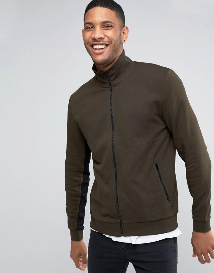 Asos Jersey Track Jacket In Khaki With Contrast Sleeve Panels - Blue