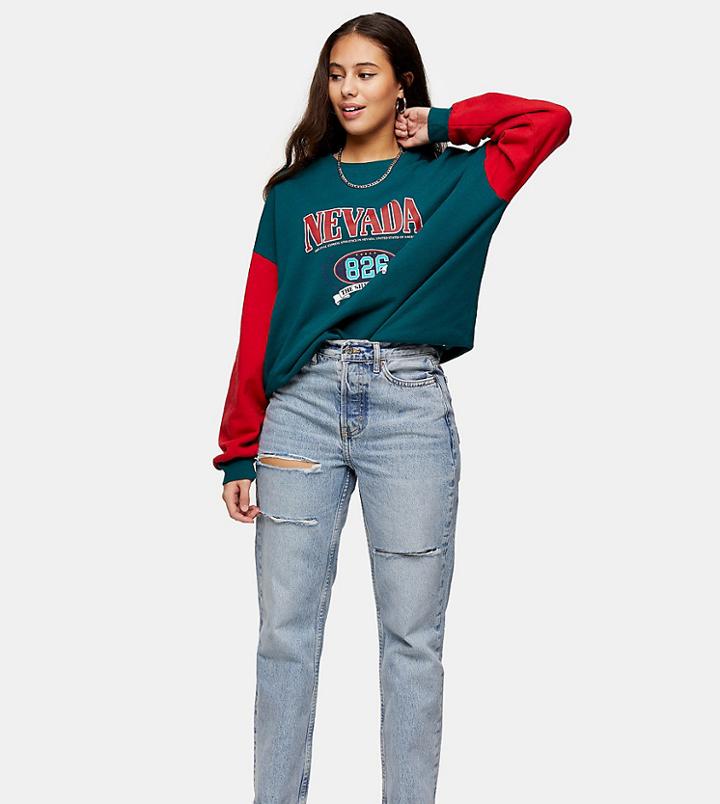 Topshop Petite Ripped Dad Jeans In Bleach Wash-blues
