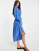 Mango Collarless Satin Button Down Dress In Blue-blues