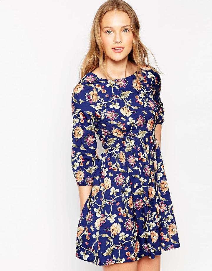 Yumi Skater Dress In Tapestry Print - Blue