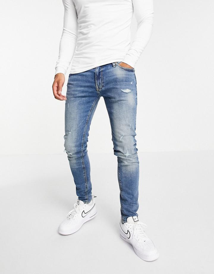 Jack & Jones Intelligence Tom Super Skinny Jeans In Midwash Blue-blues