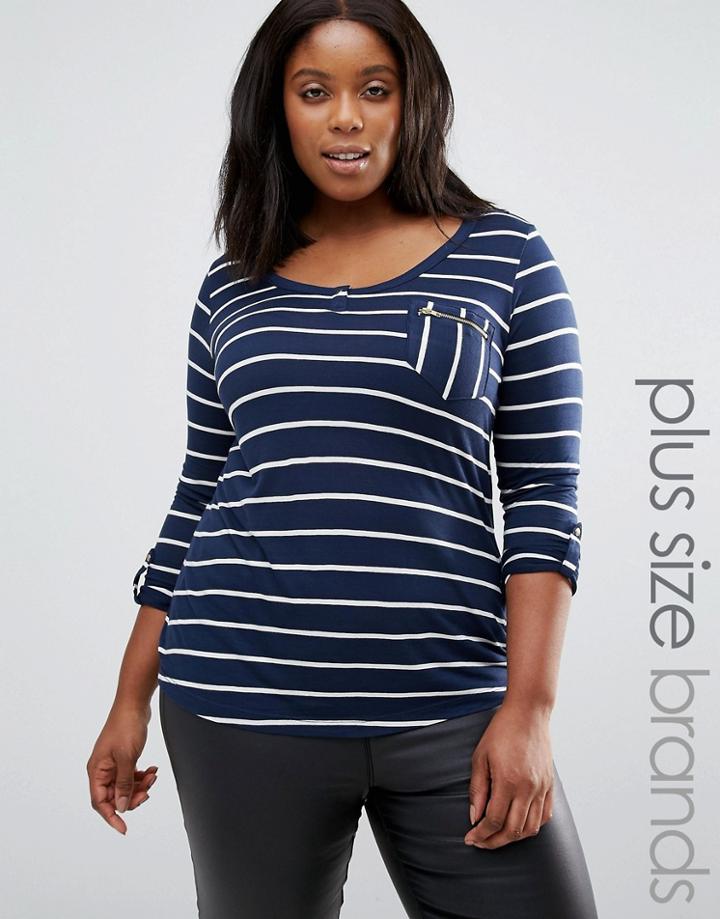 Junarose Plus Striped T-shirt With Zip Pocket Detail - Navy