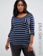 Junarose Plus Striped T-shirt With Zip Pocket Detail - Navy