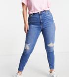 River Island Plus High Waist Ripped Skinny Jeans In Medium Blue